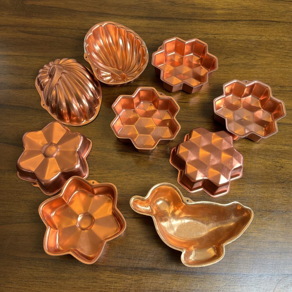 Lot of 9 Small Vintage Copper Tone Jello Molds: Sea Shell Flower Duck Honeycomb